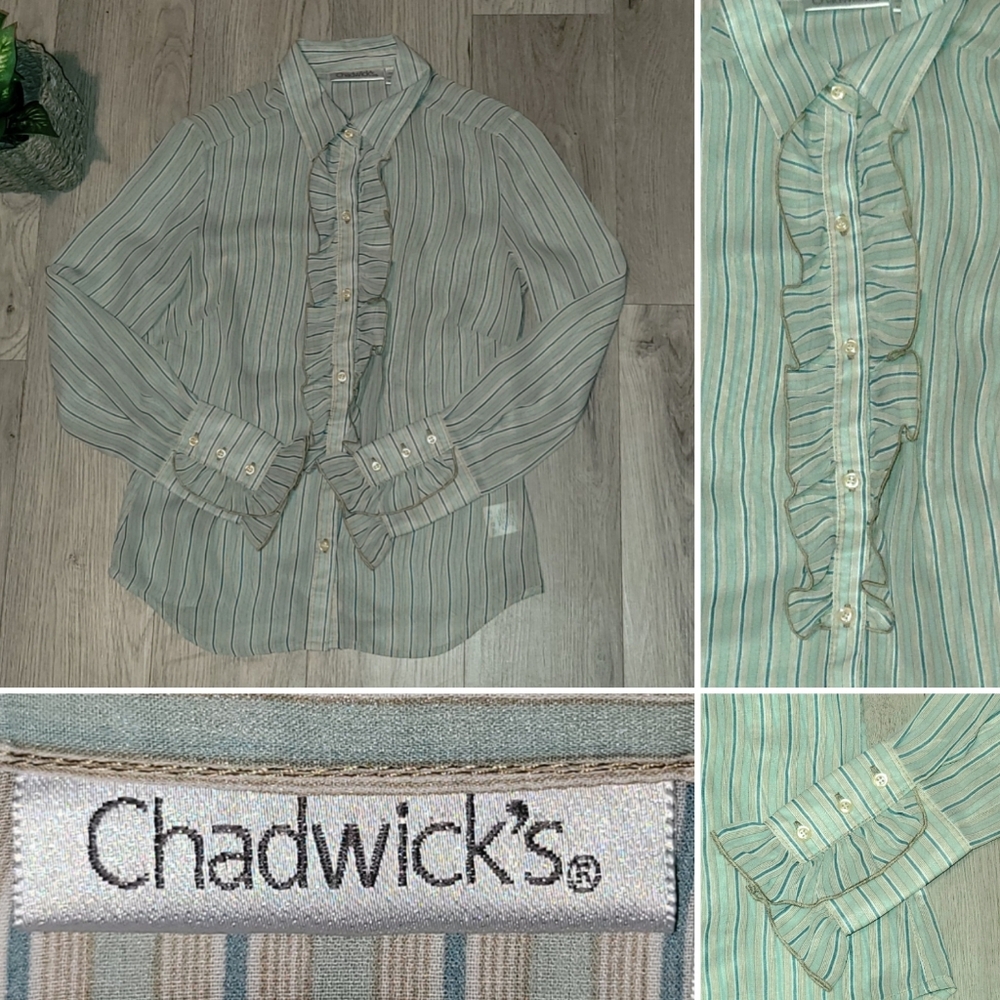 Chadwick's Chiffon Teal & Tan Striped Ruffle Front Long Sleeve Blouse, Womans 4